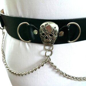 Black Belt Skulls & Hanging Chains, Size Small, Genuine Leather Rock Punk Goth